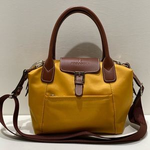 HEXAGONA Mustard Yellow Nylon & Brown Leather Handles/ Trim Satchel/ Crossbody